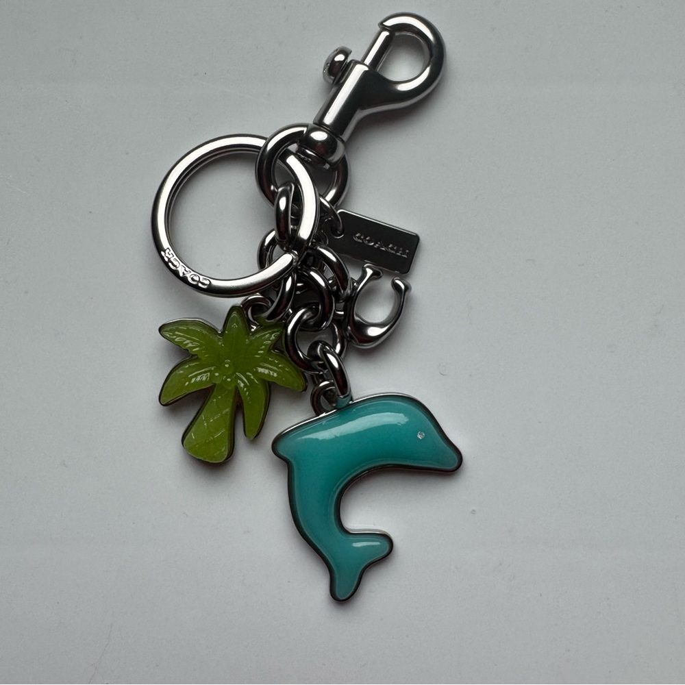 Coach Silver and Turquoise Dolphin and Green Palm Keychain Purse Charm NEW - Picture 2 of 9